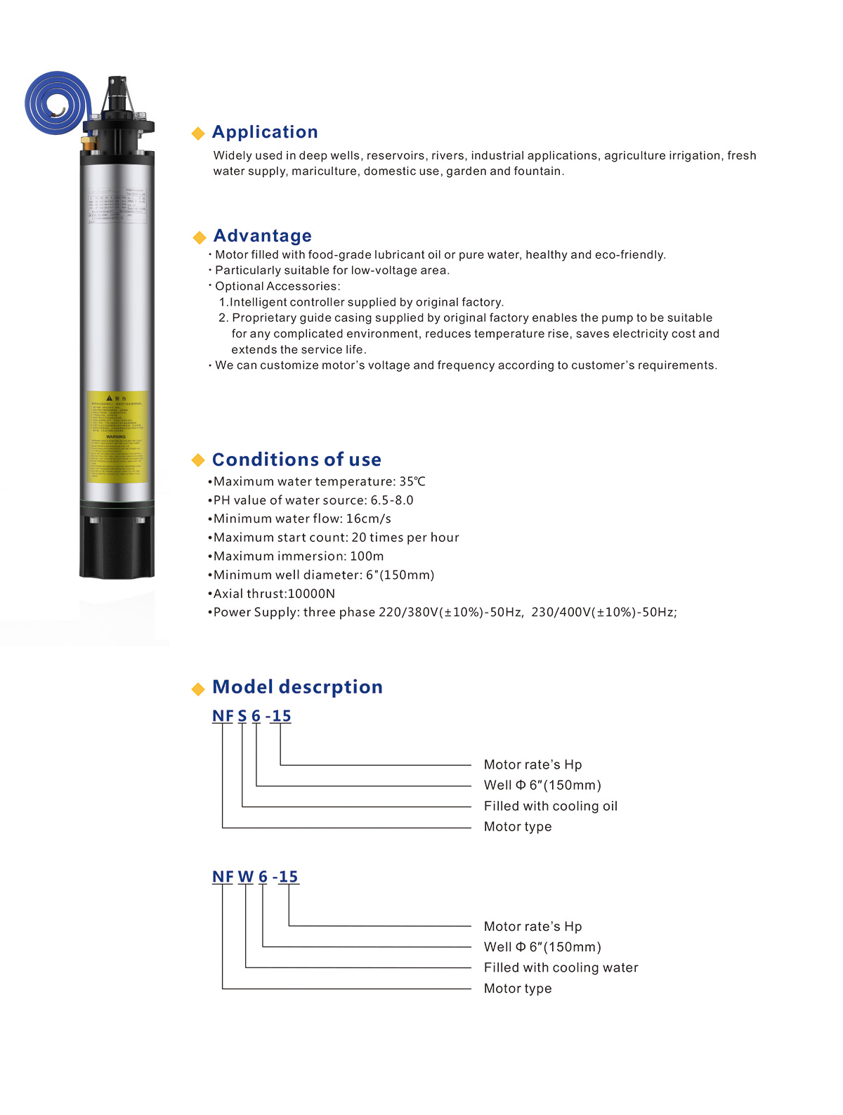 6 inch Water Cooling Submersible Motor